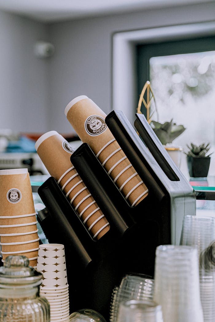 Stack of eco-friendly takeaway coffee cups in a Baku coffeehouse, showcasing sustainability and modern cafe culture.